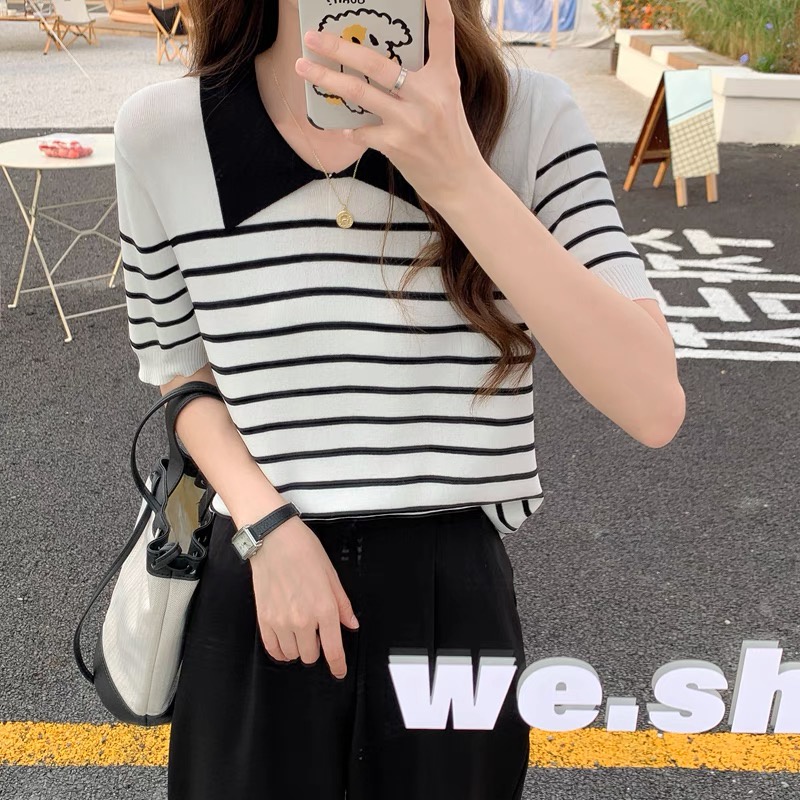 【chunyu】✨修身显瘦条纹泡泡袖娃娃短袖衬衫8807#