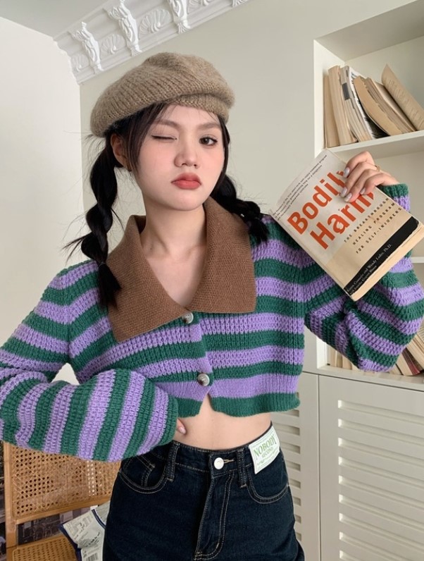 Chunyu✨เสื้อแขนยาวไหมพรมคอปก ลายทาง 1065#