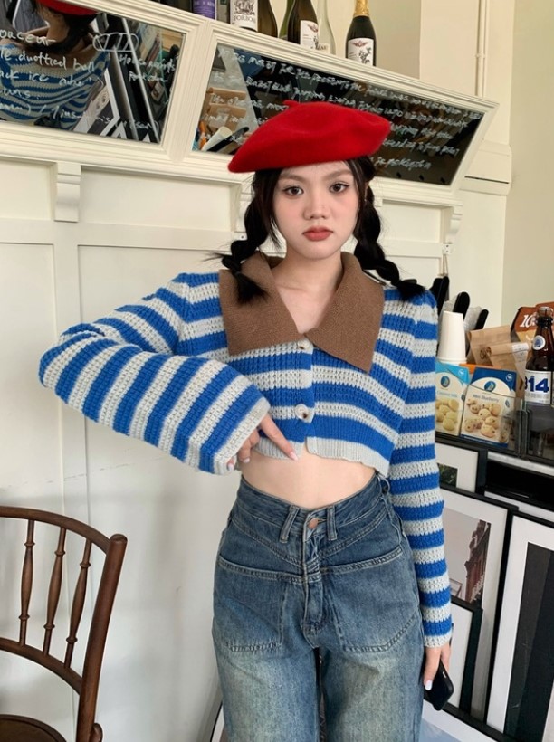 Chunyu✨有领条纹长袖针织衫1065#