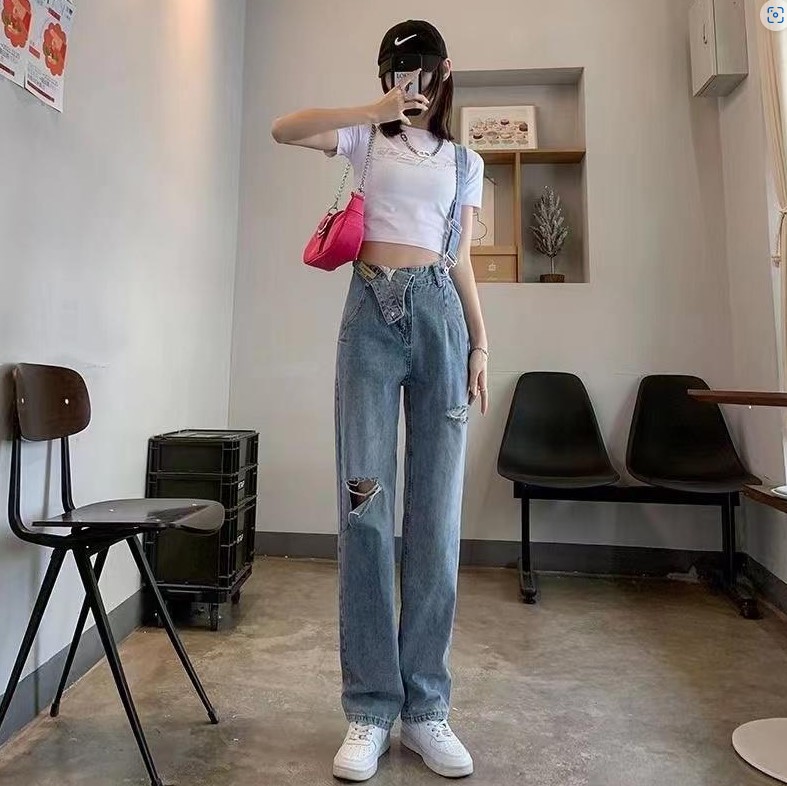 Chunyu✨长款牛仔裤吊带破洞高腰大长腿复古美型可穿3款新款待发货2299#
