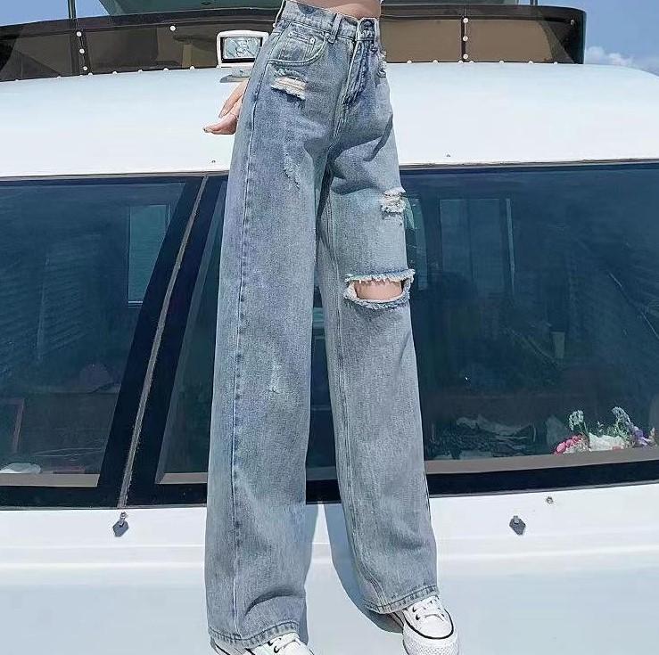 Chunyu✨高腰破洞长款牛仔裤大腿复古美型全尺码0588#