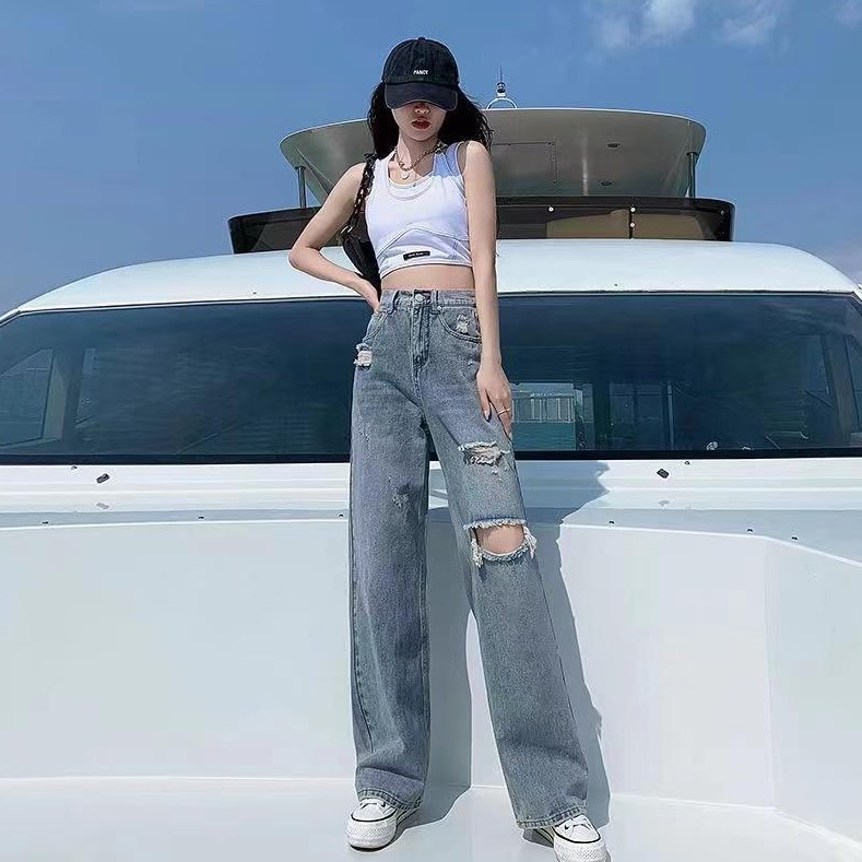 Chunyu✨高腰破洞长款牛仔裤大腿复古美型全尺码0588#