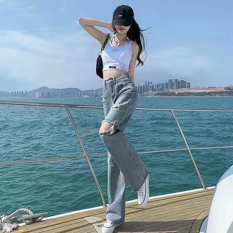 Chunyu✨高腰破洞长款牛仔裤大腿复古美型全尺码0588#