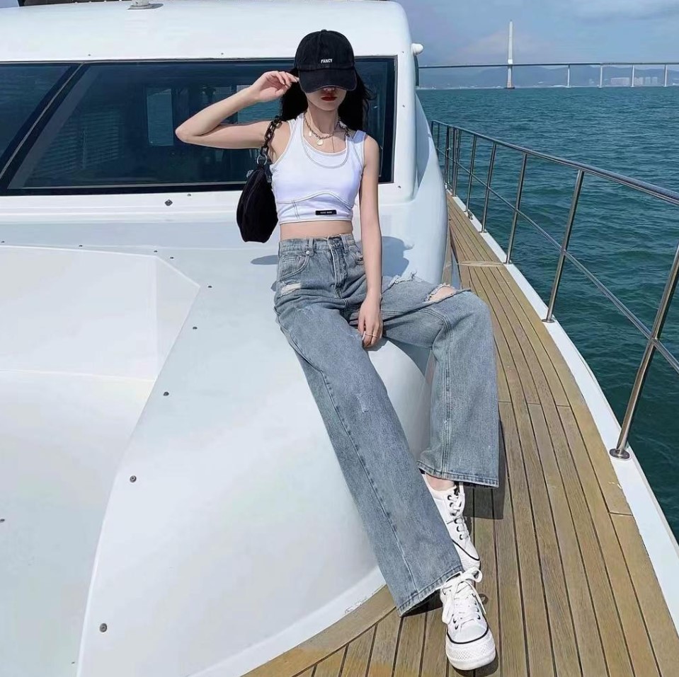 Chunyu✨高腰破洞长款牛仔裤大腿复古美型全尺码0588#