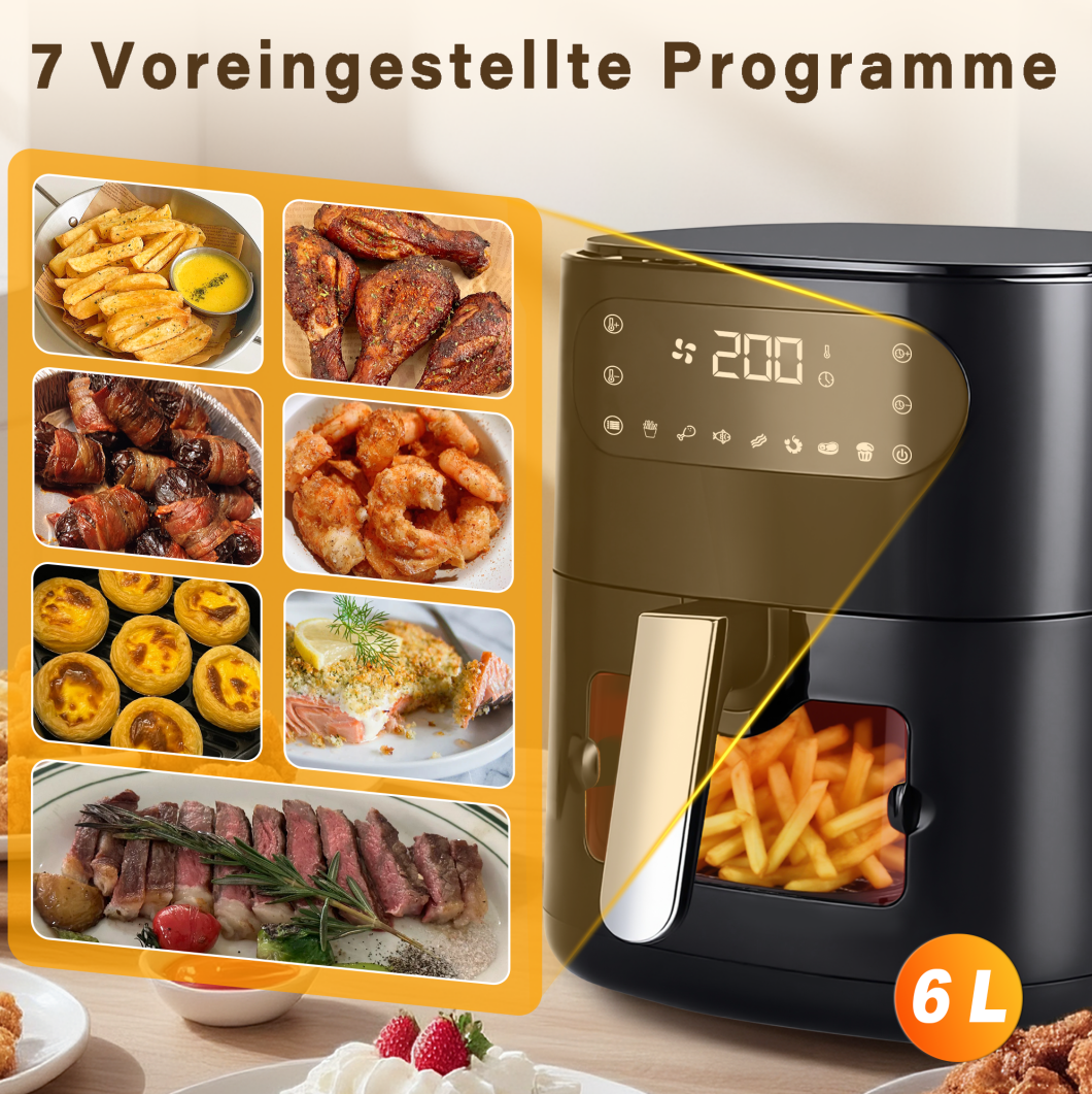 Citybee Airfryer 热风炸锅 6L 透明视窗 - 7 种烹饪程序 11 种功能 静音热风炸锅 - 易于清洁，带计时器和触摸屏 10 张烘焙纸，适合家庭厨房使用