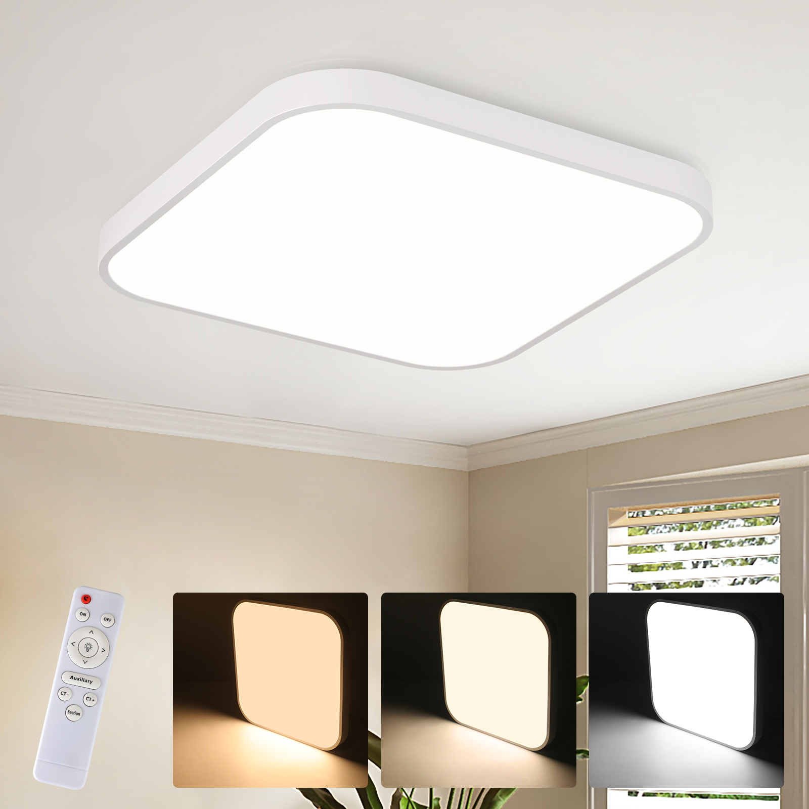 LED 吸顶灯卧室 - 卧室灯 平面 27 厘米 厨房灯 可调光，带遥控器 浴室天花灯 方形浴室灯 IP44 走廊灯 15W，适用于厨房、走廊和浴室