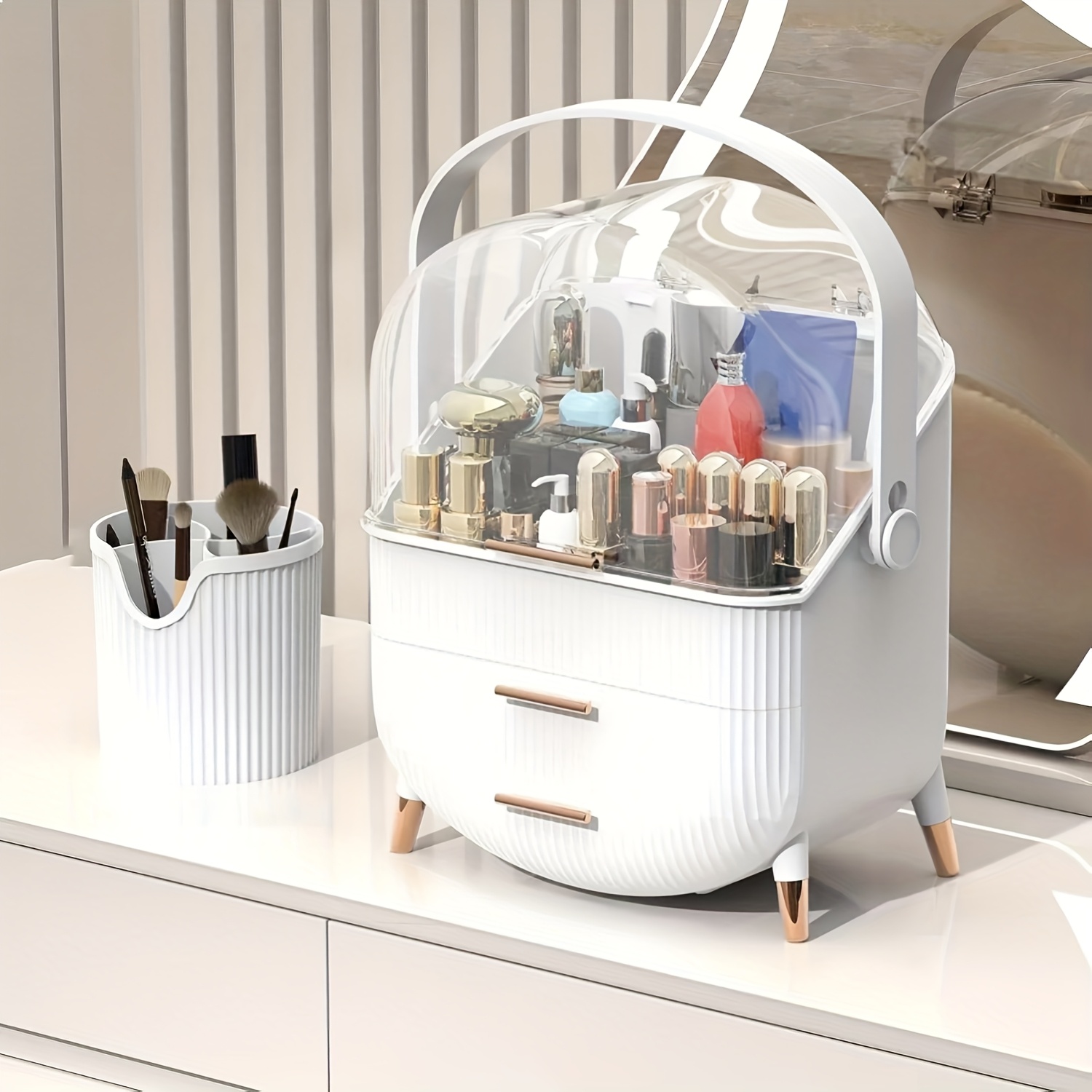 1件套带把手豪华化妆品储物盒、大容量塑料收纳盒，用于口红、面膜、护肤品、家用桌面分类架、珠宝架、多用途储物容器