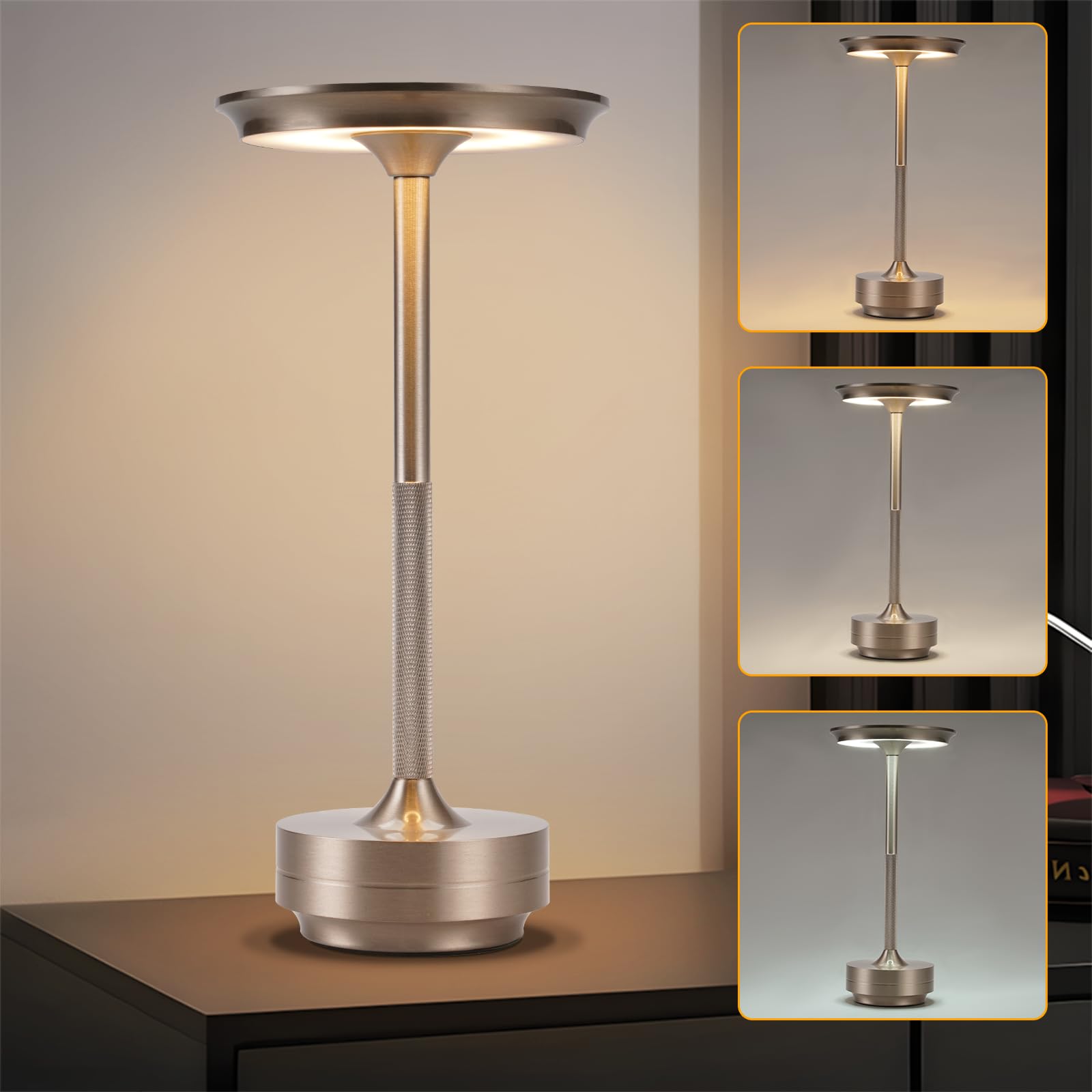 Wireless Rechargeable Table Lamp - LED Nightstand Touch Dimming USB Gold/Rechargeable Black/Nickel Battery-Powered Modern Desk Lamp for Windowsill Living Room Kids Room Bedroom