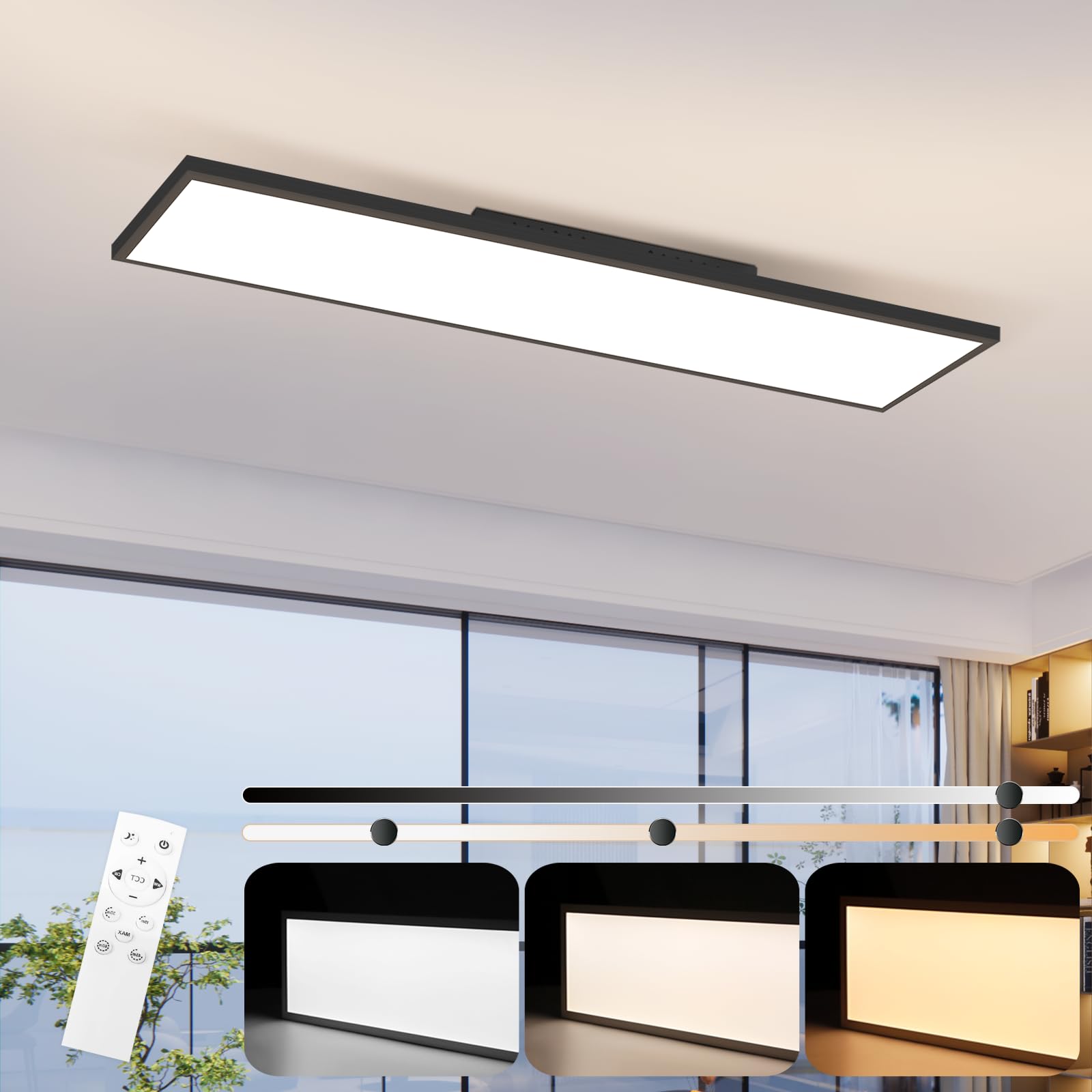 Dimmable LED Panel Ceiling Light - 100x25cm Flat Long Ceiling Panel with Remote Control Large Living Room Light White/Black 24W Office Light for Office Workshop Kitchen Study Garage Hall