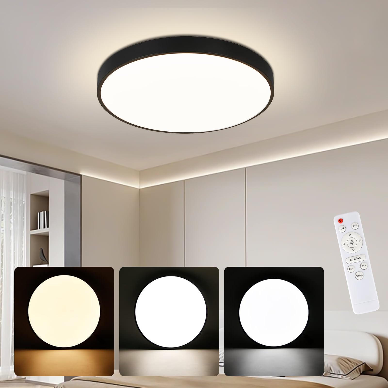 Flat LED Ceiling Light - 30W Dimmable IP44 Round Ø27cm Bathroom Light with Remote Control for Bedroom, Kitchen, Hallway, Office