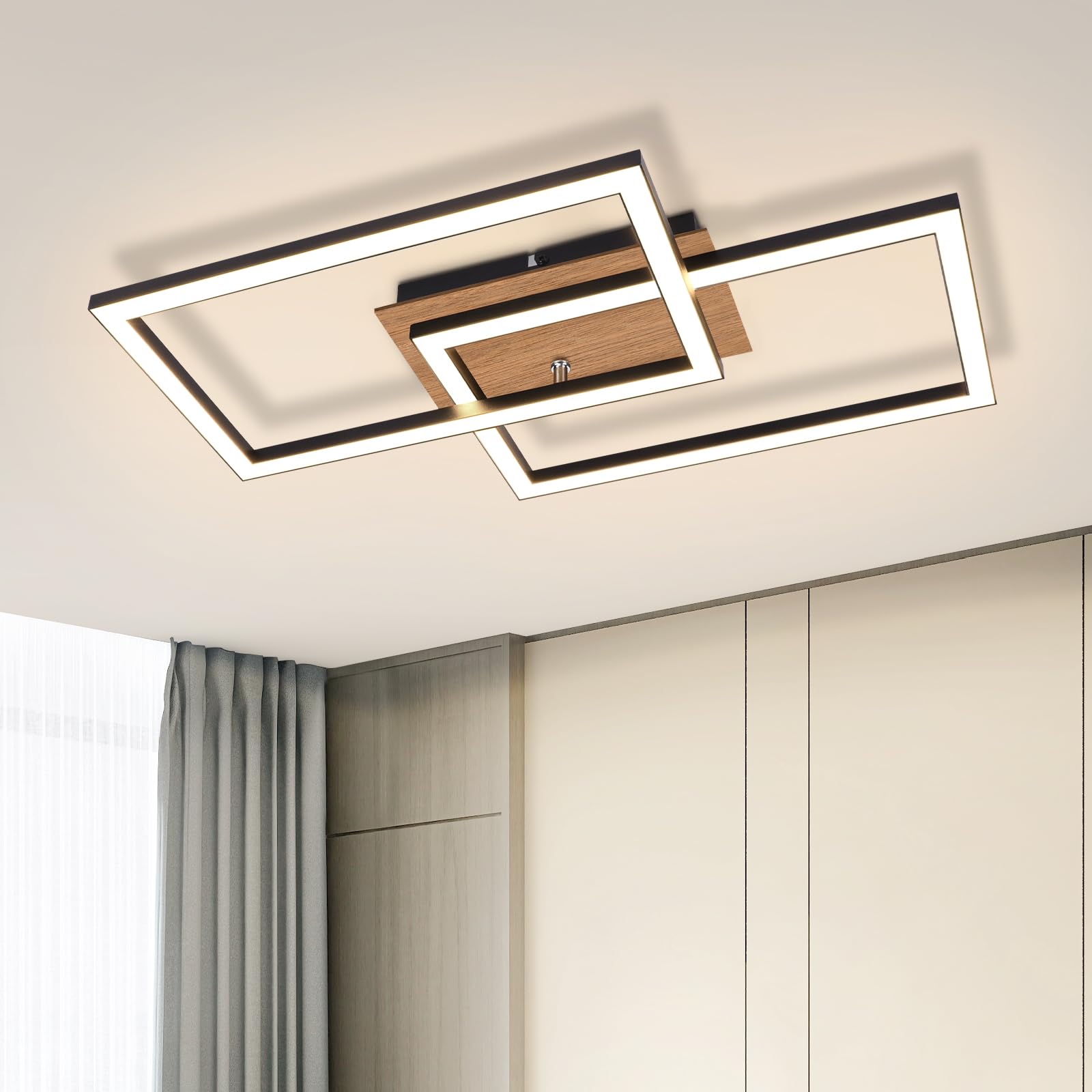 LED Ceiling Light Living Room Ceiling Lamp - 3000K Wood Black Modern Living Room Light Bedroom Lamp Design Ceiling Light 24W Warm White Hall Light for Bedroom Office Kitchen Dining Room