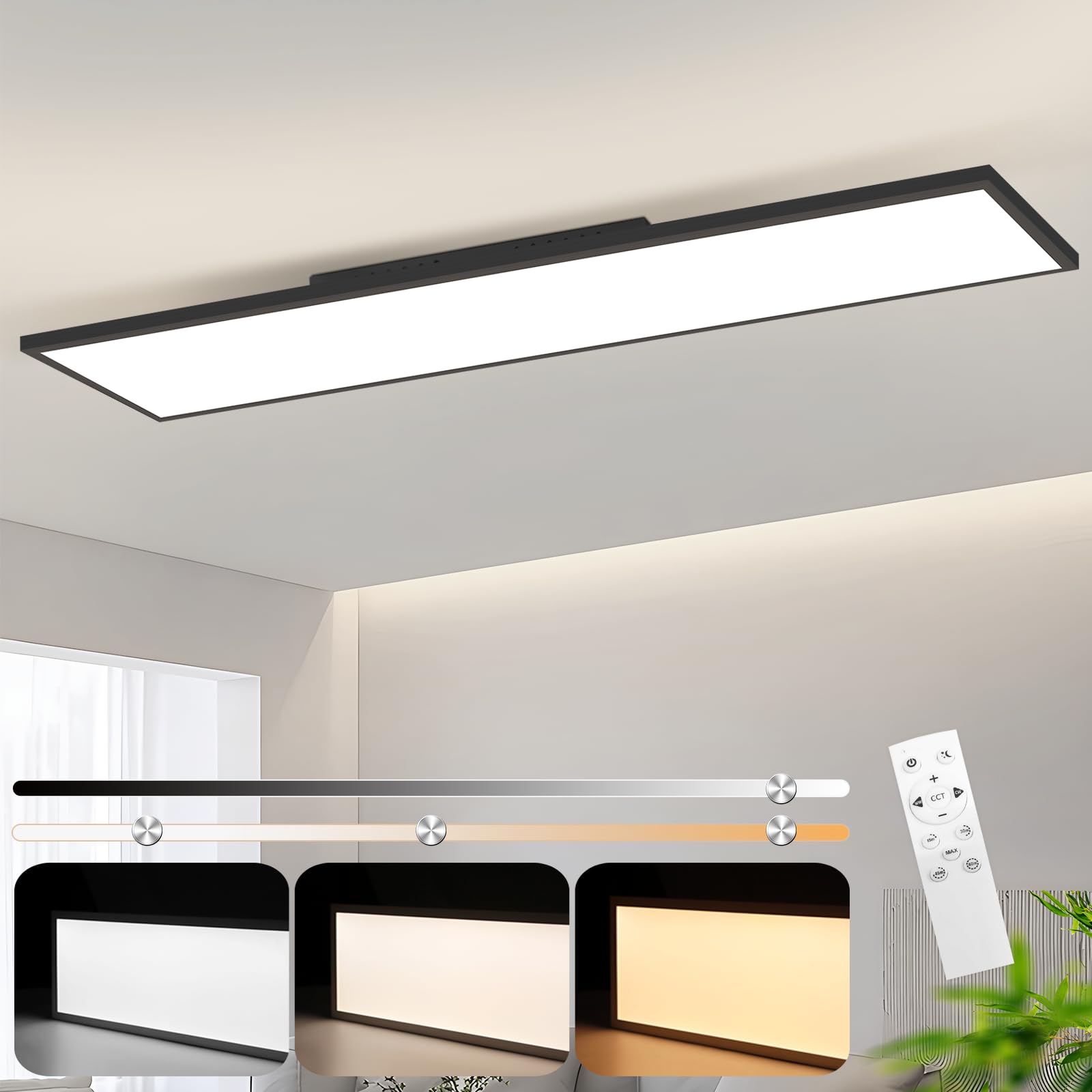 120x30 LED Panel Ceiling Light - Dimmable Long Office Ceiling Lamp with Remote Control Flat Office Light 40W White/Black Kitchen Light Daylight Lamp for Workshop Hall Kitchen Living Room
