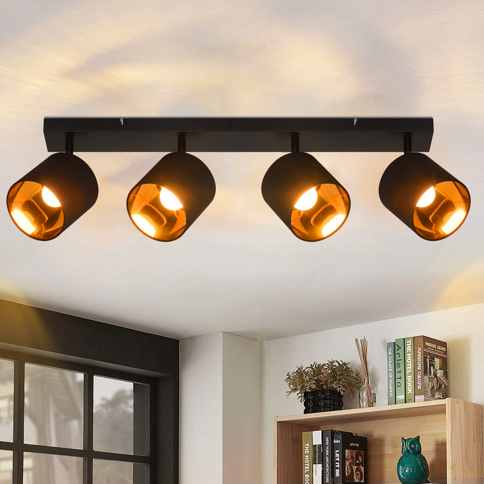 4-Headed Vintage Black Ceiling Lamp - E14 Adjustable 350° Fabric Shade Living Room Light 25W Max for Bedroom Hallway (No Bulb) [Energy Class E]