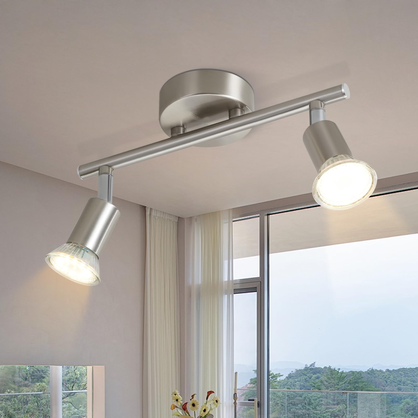 LED Ceiling Spotlight 2-Headed - Modern Adjustable 330° GU10 Ceiling Light Swivel Spot Stainless Steel Fixture for Living Room Bedroom (No Bulb Included)