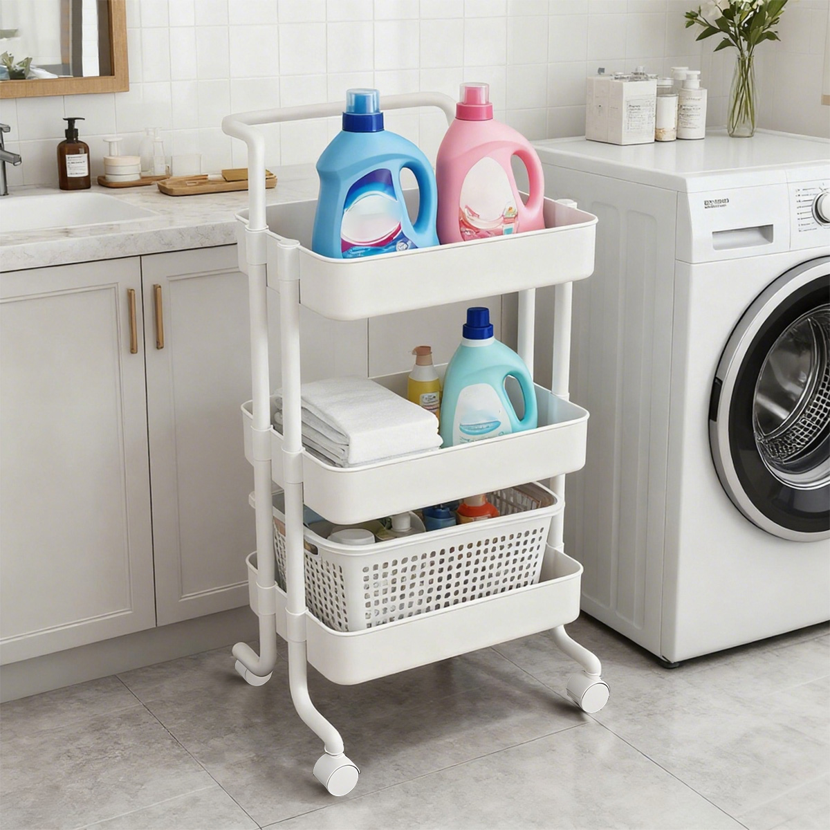 3 层多功能金属带轮厨房储物推车，带手柄及可锁定轮子，家居厨房收纳、卧室收纳、浴室收纳，多场景应用，黑色白色