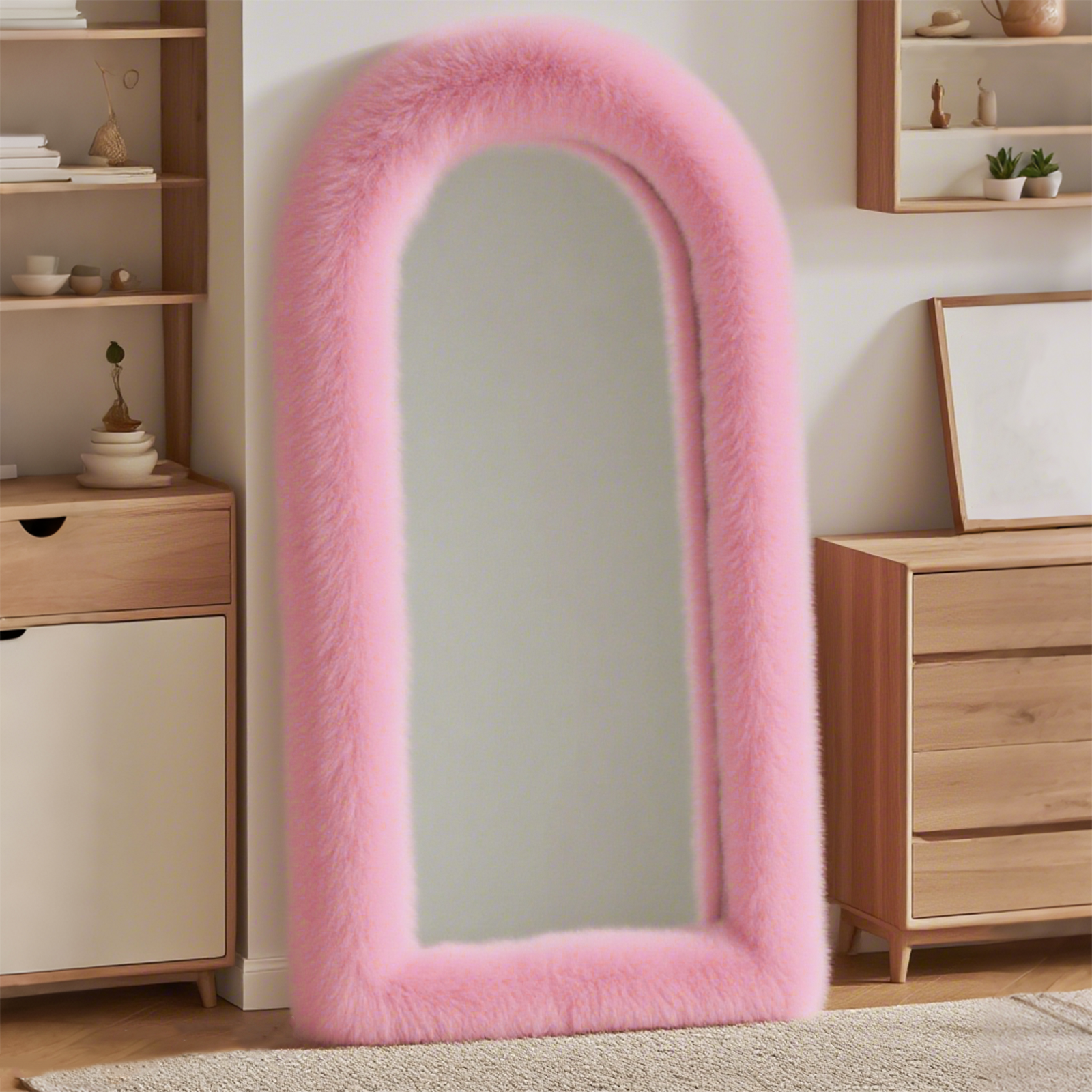 黑色、粉色仿毛皮框全身镜 | 轻奢ins风高级感卧室衣帽间落地镜 | 家用大尺寸试衣镜装饰镜