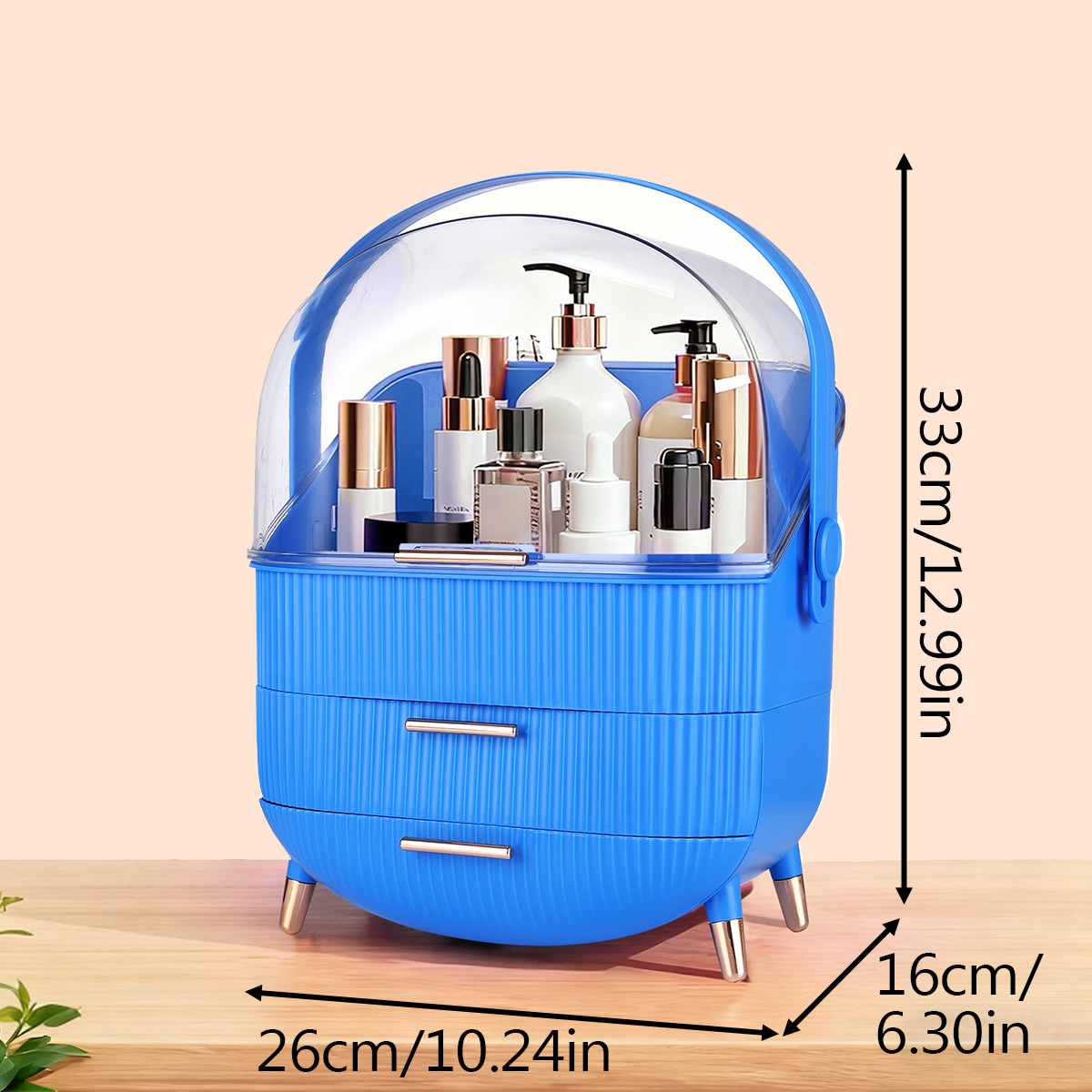 一款带盖的时尚化妆收纳盒,旨在让化妆品保持无尘,非常适合整理梳妆台上的口红和护肤品。