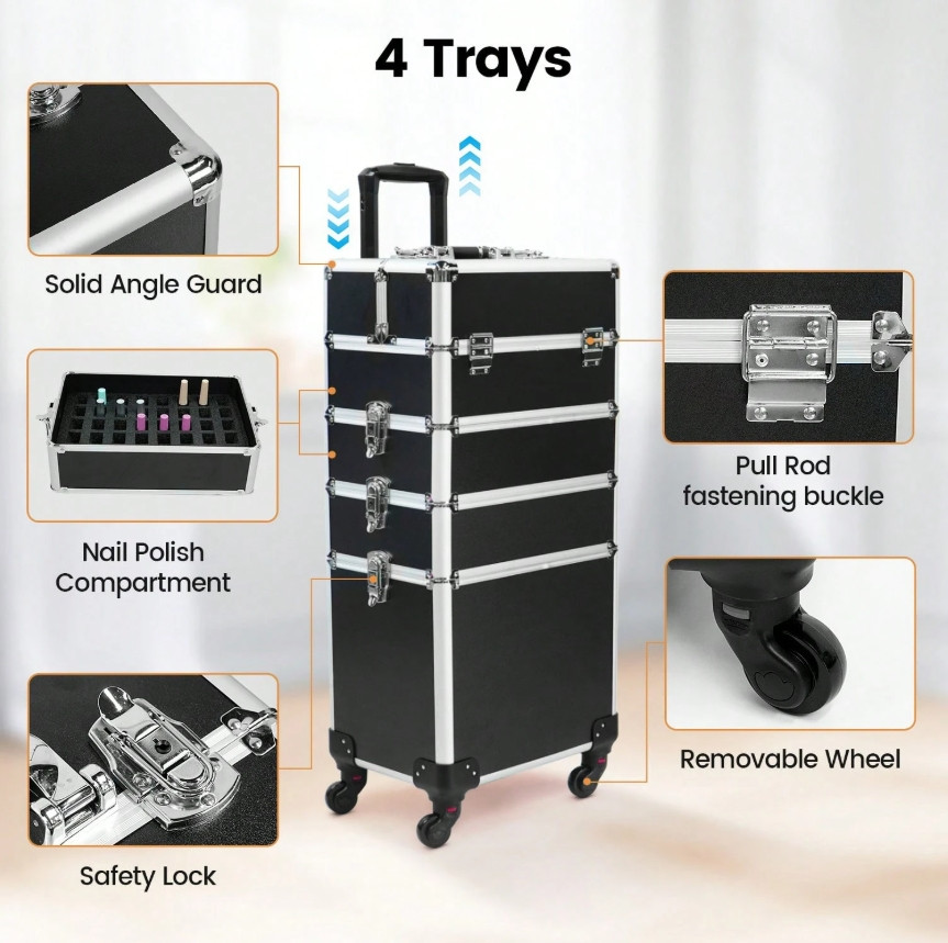 5-layer rolling makeup case (with expandable tray, metal locks, and reinforced hinges), large-capacity wheeled makeup cart, suitable for makeup artists, nail technicians, and salon use