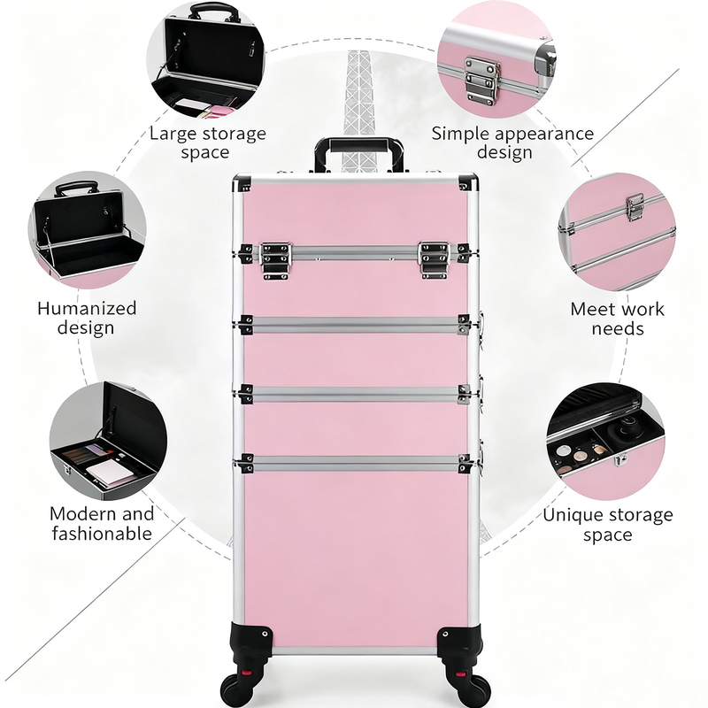 5-layer rolling makeup case (with expandable tray, metal locks, and reinforced hinges), large-capacity wheeled makeup cart, suitable for makeup artists, nail technicians, and salon use