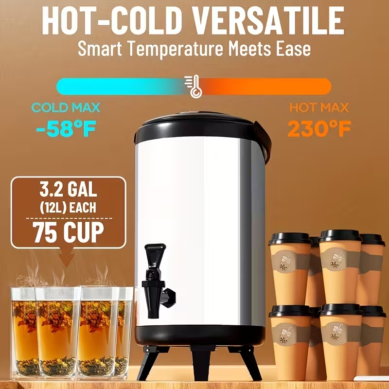 10升带水龙头不锈钢饮料分配器，冷热保温饮料容器，带提手与折叠支架的便携式大容量饮料桶，适用于咖啡店、餐厅、野餐、家庭厨房