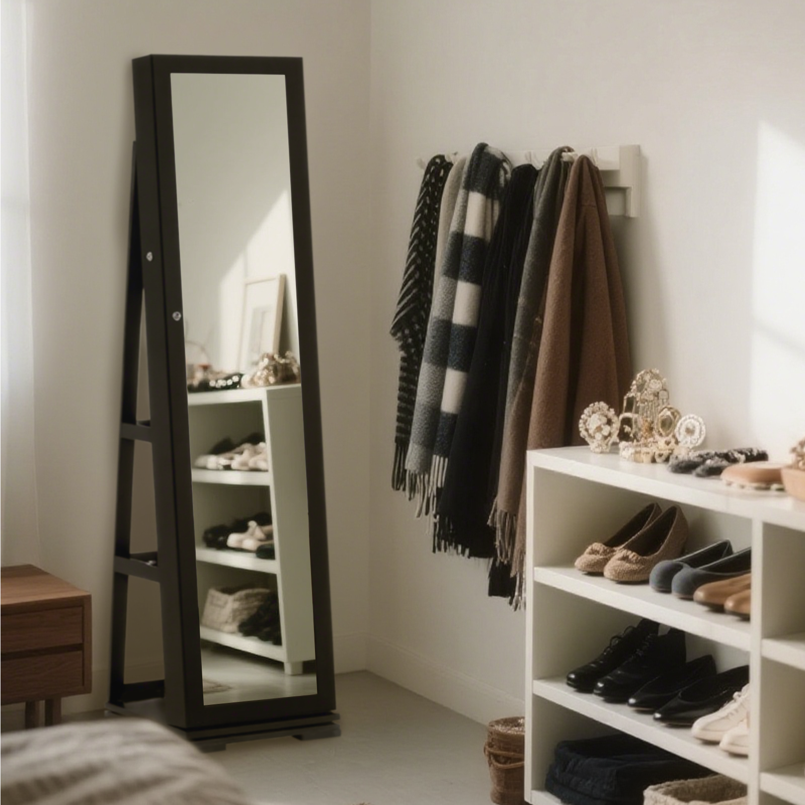 DAY带镜珠宝柜、梳妆台、立镜、全身镜、化妆镜,360°可旋转、可锁、配钥匙,大容量珠宝收纳盒,适用于项链、耳环、手链、手表和戒指-礼物创意、圣诞装饰,白色搭配灰色木纹,多层珠宝盒,适用于家庭/情人节送女友礼物/伴侣礼物/母亲节送妈妈礼物/圣诞礼物。