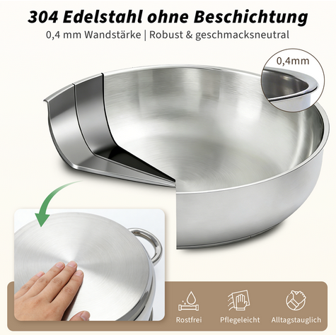 不锈钢无涂层锅具套装，配玻璃盖，健康烹饪，可洗碗机清洗