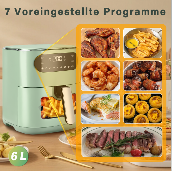 Citybee Airfryer 热风炸锅 6L 透明视窗 - 7 种烹饪程序 11 种功能 静音热风炸锅 - 易于清洁，带计时器和触摸屏 10 张烘焙纸，适合家庭厨房使用
