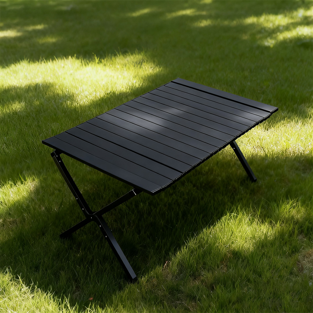 A foldable camping table with a storage bag, featuring a stable triangular support, strong load-bearing capacity, and easy installation. This portable outdoor table is suitable for camping, patios, beaches, and backyard gatherings.