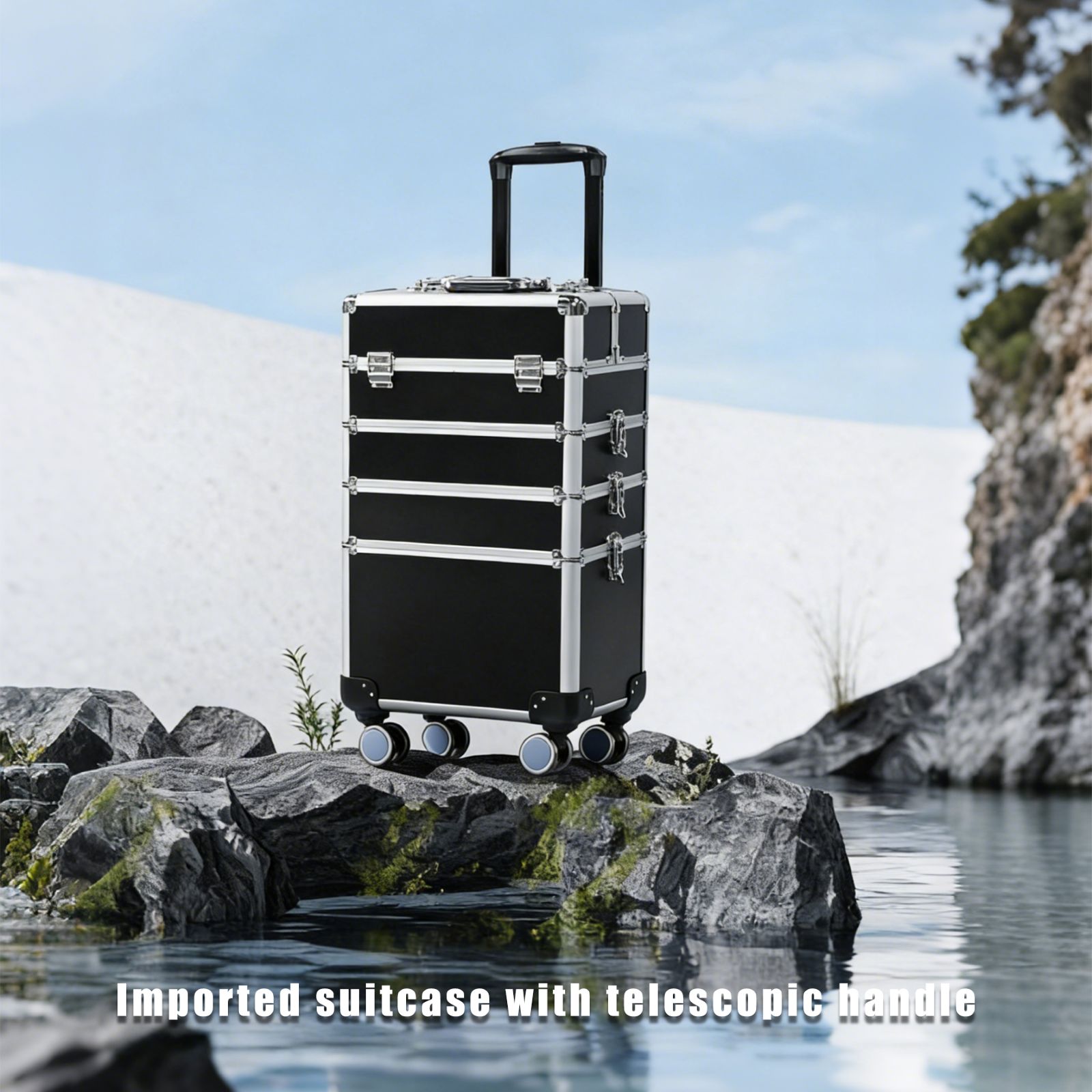 Black five-layer large-capacity rolling makeup bag, modern and fashionable humanized design trolley case for cosmetics