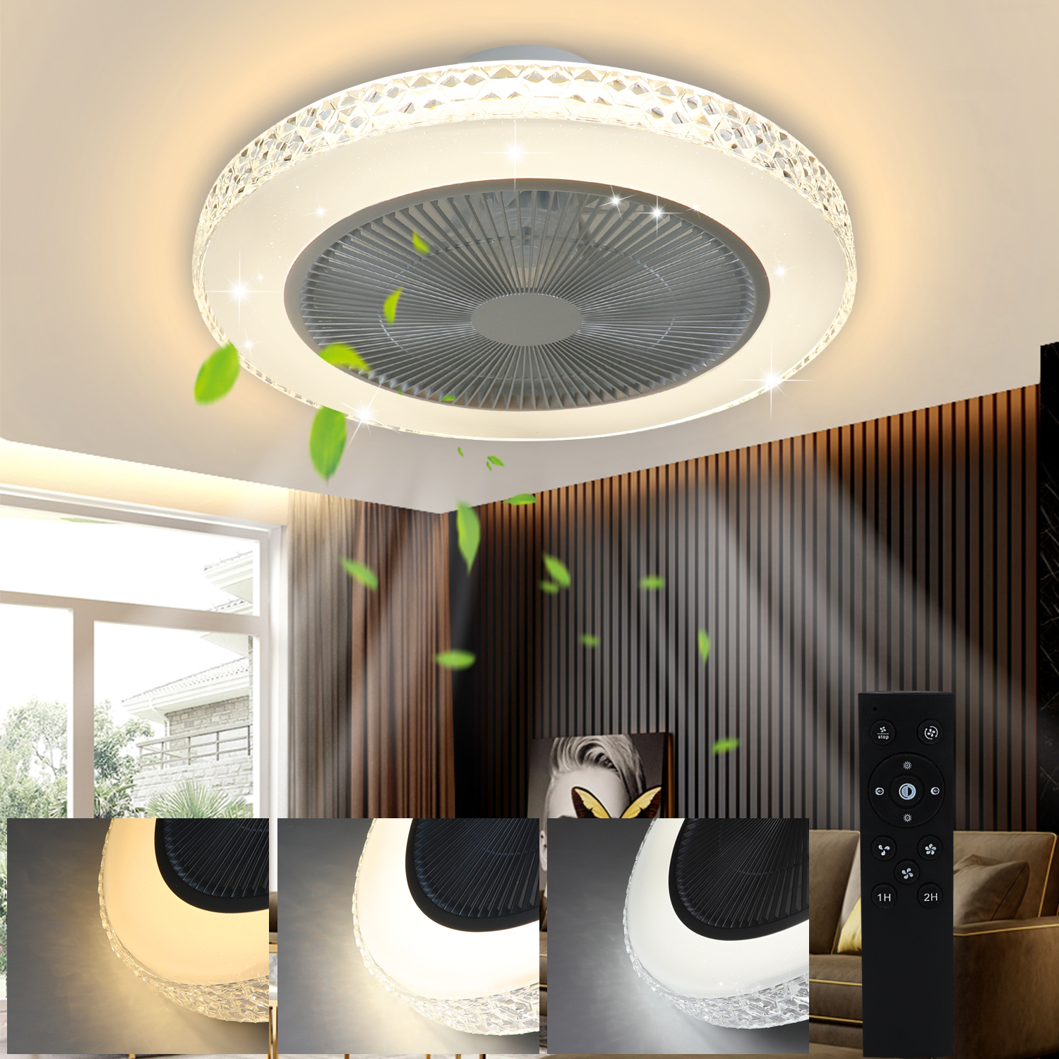 Ceiling Fan with Light and Remote Control - Dimmable LED Ceiling Light with Fan, Quiet Modern Ceiling Lamp with 5 Blades for Bedroom and Living Room