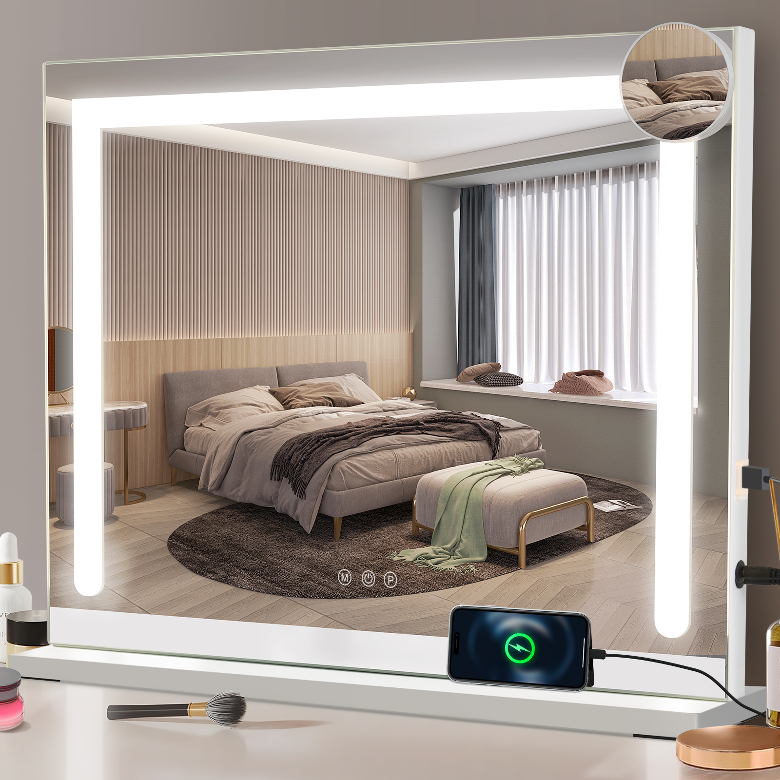 Hollywood Makeup Mirror with Light - Dimmable LED Mirror with 3 Color Light Modes, 5x Magnification, and USB Port for Bedroom and Dressing Room
