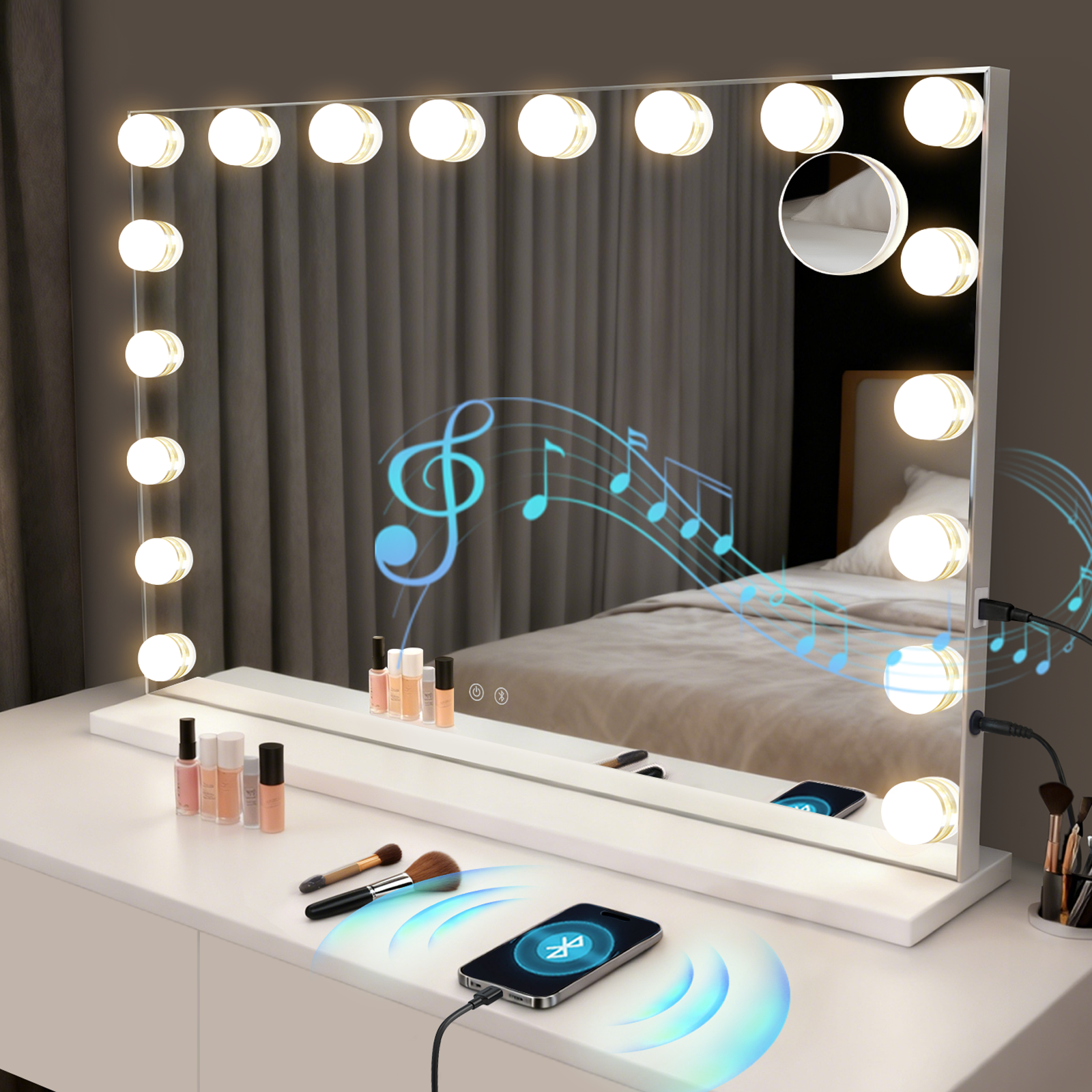 Makeup Mirror with Lights, Hollywood Style, 80 x 60 cm Large Vanity Mirror with 18 LED Lights, Makeup Table Mirror, Makeup Mirror, Music, Bluetooth