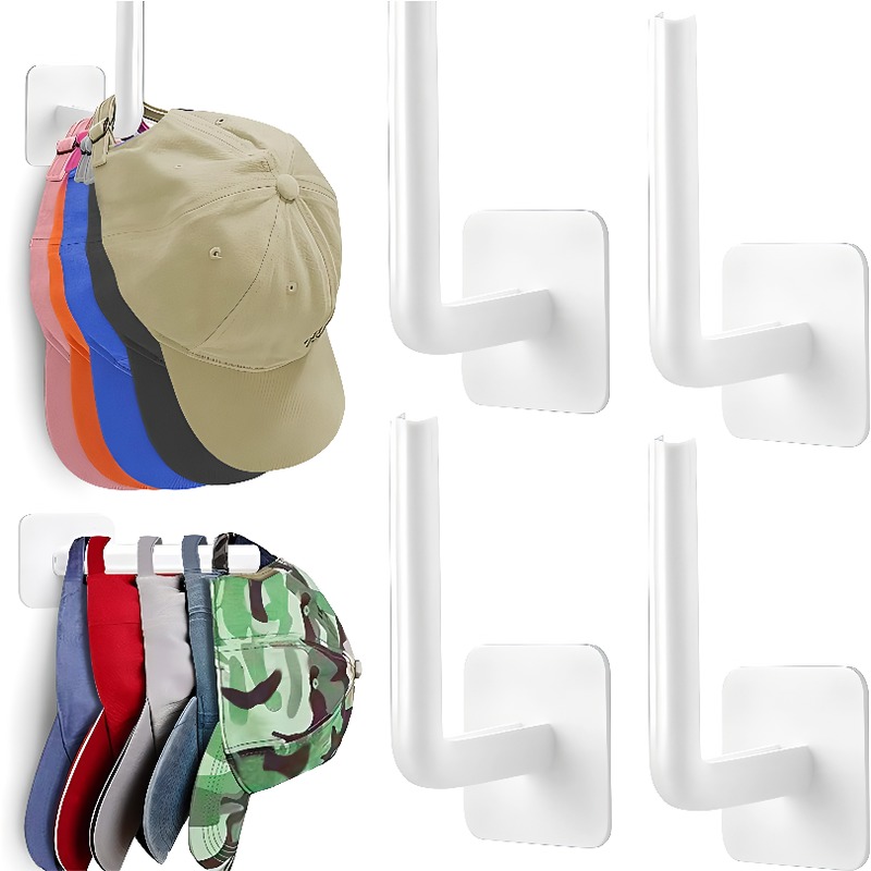 4-Pack No-Drill Adhesive Hat Hooks, 8LB Heavy Duty Sticky Hooks, Small Invisible Wall Hooks for Bathroom/Kitchen Organization (White/Black/Grey)