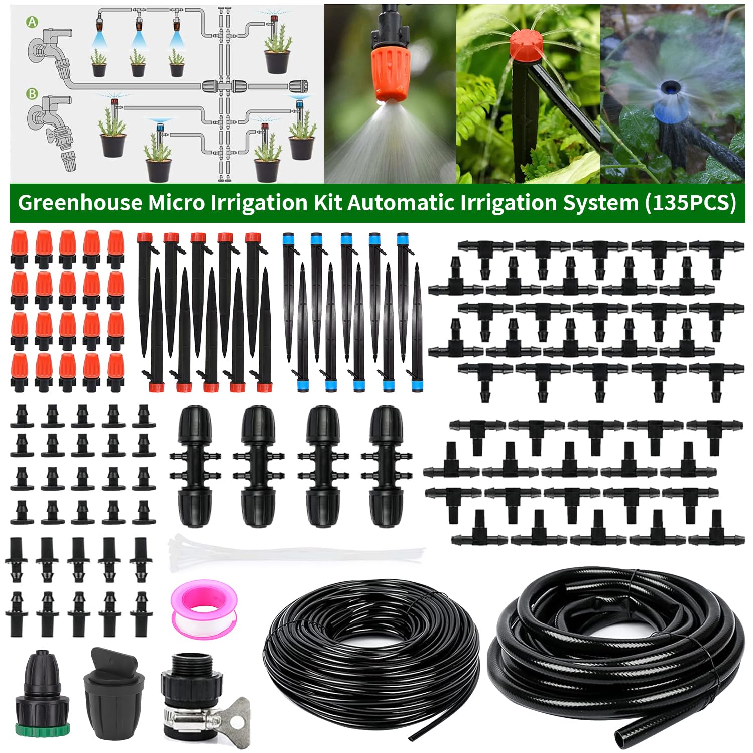135PCS Garden Drip Irrigation System Kit, 360° Adjustable Automatic Watering Kit, Water-Saving Irrigation System for Yard, Lawn, Greenhouse, Potted Plants