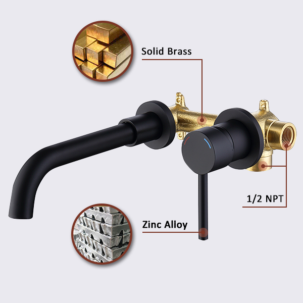 Wall Mount Faucet for Bathroom Sink or Bathtub, Single Handle 2 Holes Brass Rough-in Valve Included, Brushed Gold