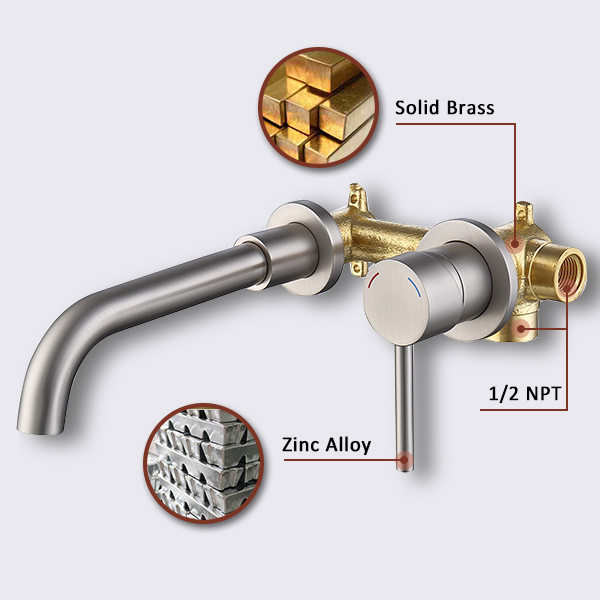Wall Mount Faucet for Bathroom Sink or Bathtub, Single Handle 2 Holes Brass Rough-in Valve Included, Brushed Gold