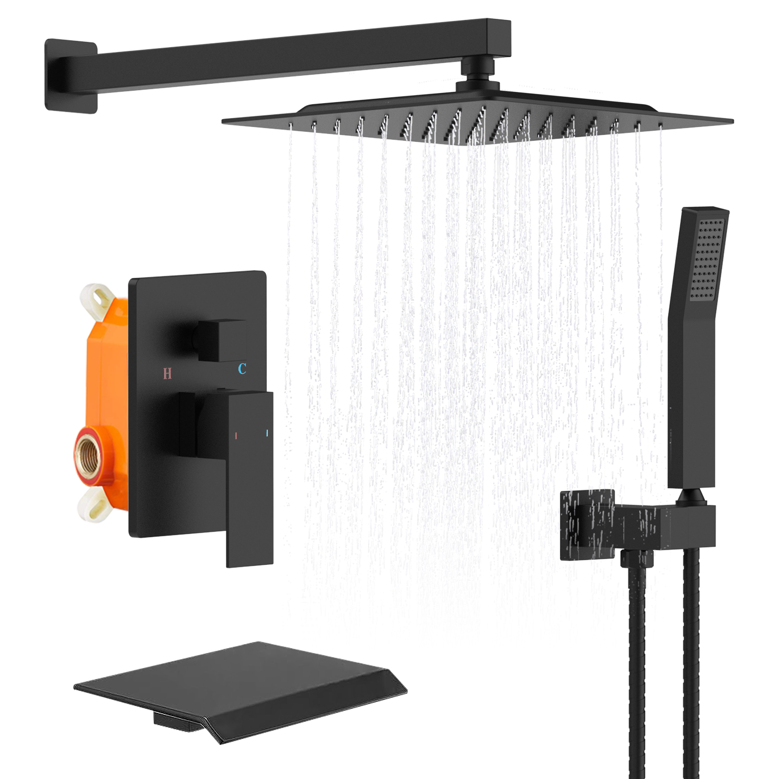Rain Shower System Brushed Nickel Tub Shower Faucet Set 10 Inch Square Rainfall Shower Head with Handheld Sprayer and Waterfall Tub Spout Pressure Balance Rough-in Valve Shower Mixer Combo
