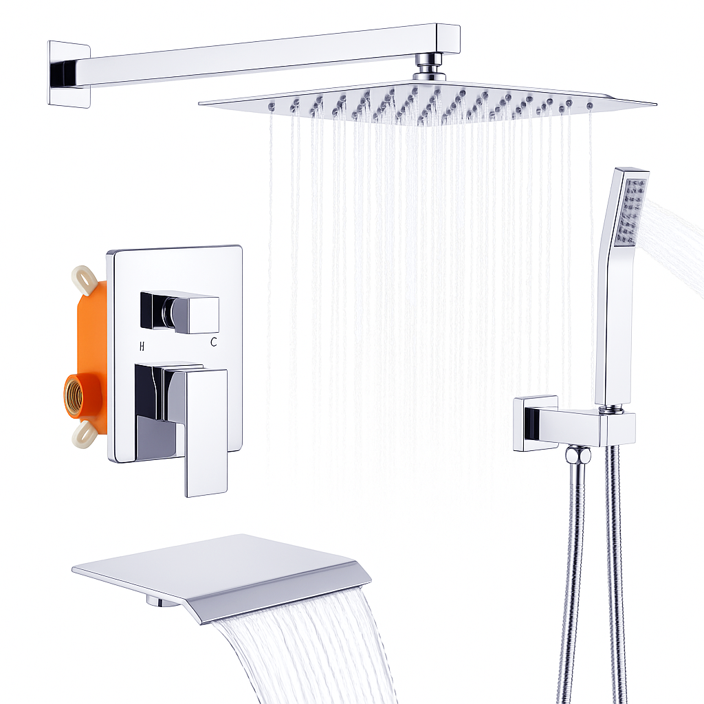 Rain Shower System Brushed Nickel Tub Shower Faucet Set 10 Inch Square Rainfall Shower Head with Handheld Sprayer and Waterfall Tub Spout Pressure Balance Rough-in Valve Shower Mixer Combo