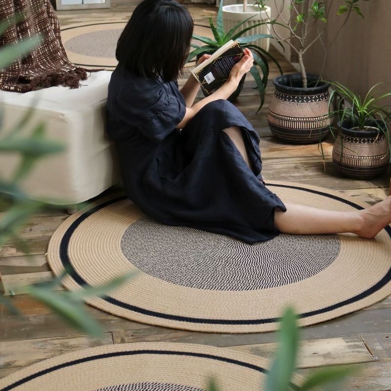 Japanese Wabi-Sabi Style Cotton Rope Round Rug, Dark Brown Stain-Resistant Wash-Free Yoga Mat, Home Decor Essential for Living Room & Bedroom