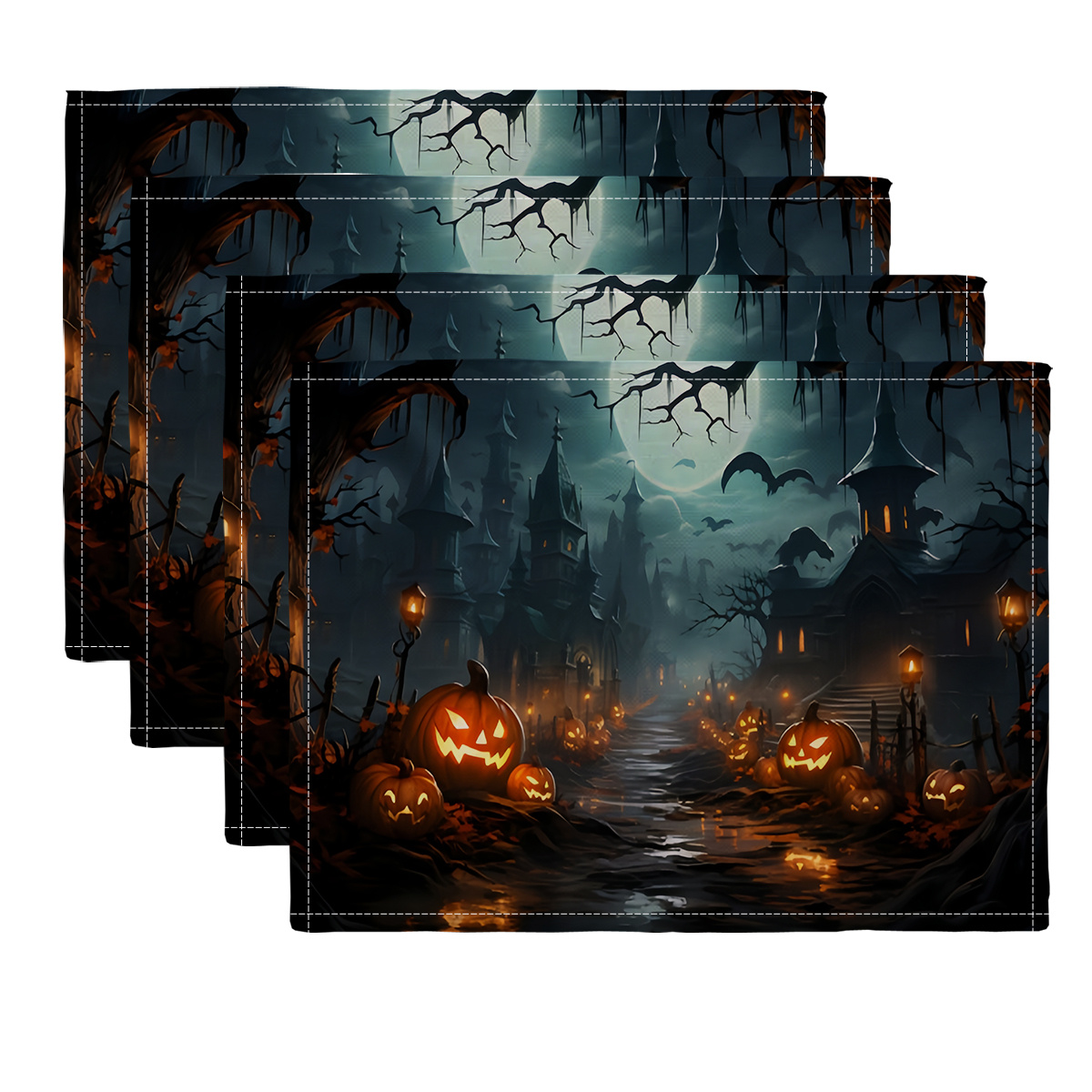 Halloween Pumpkin Castle Placemats, Stain-Resistant & Waterproof Festive Table Mats, Spooky Decor for Dining Room & Garden