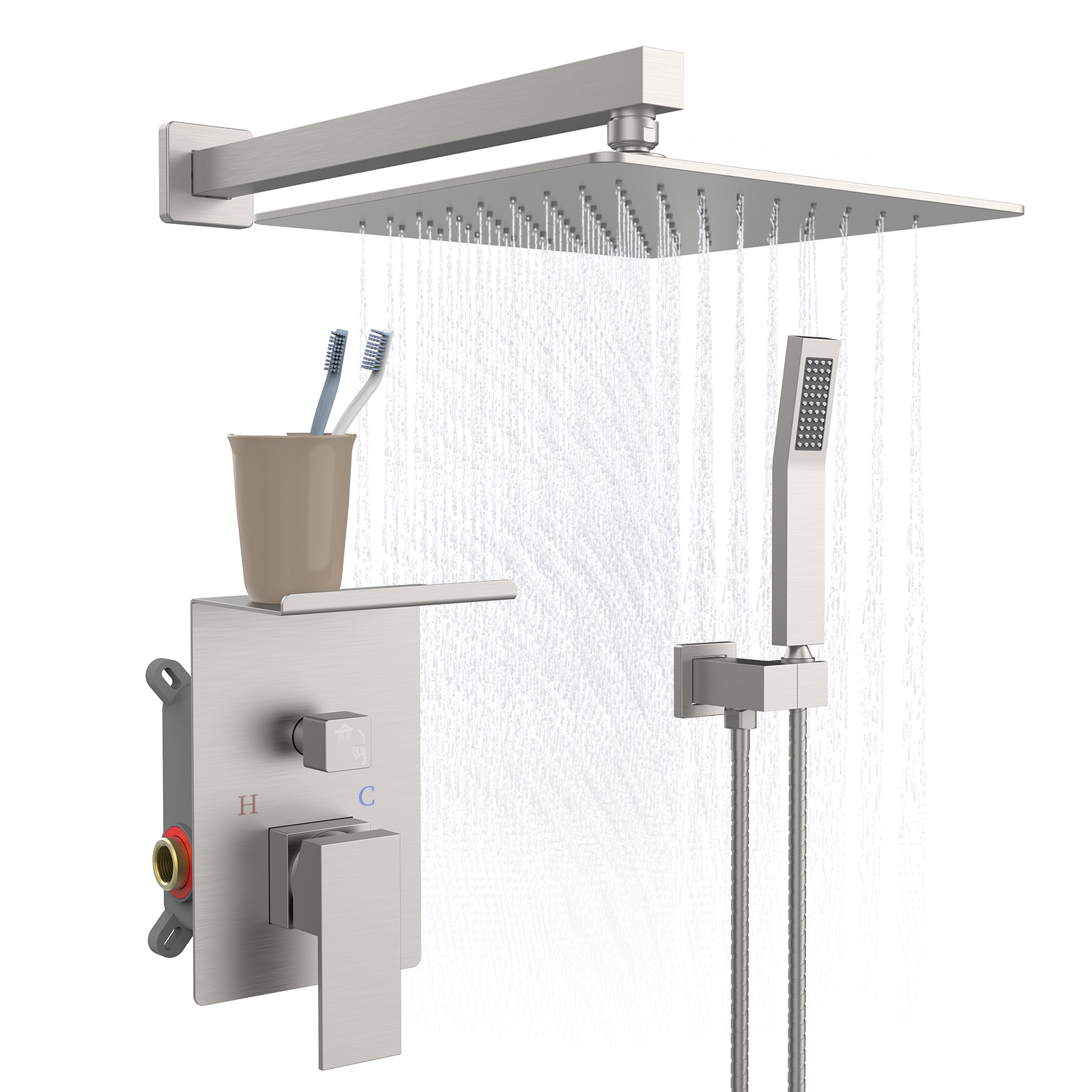 Rainfall Shower System With Storage Rack ​10 inch Shower Faucet Set Brushed Nickel with High Pressure with Square Shower Head Luxury Shower Set Wal Mount