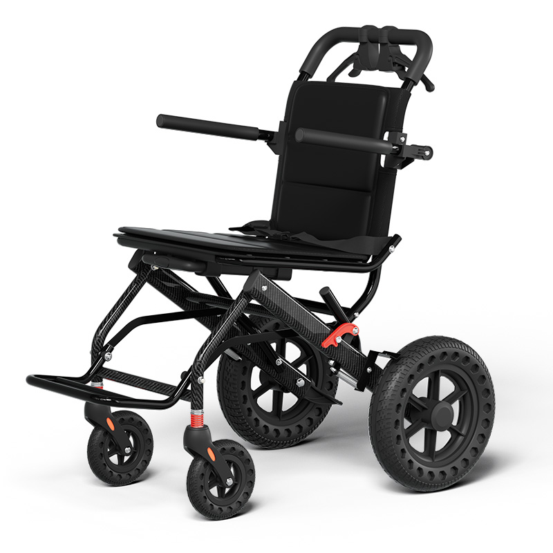 WC16-小型轮椅带黑色拉杆，轻便折叠轮椅，旅行轮椅