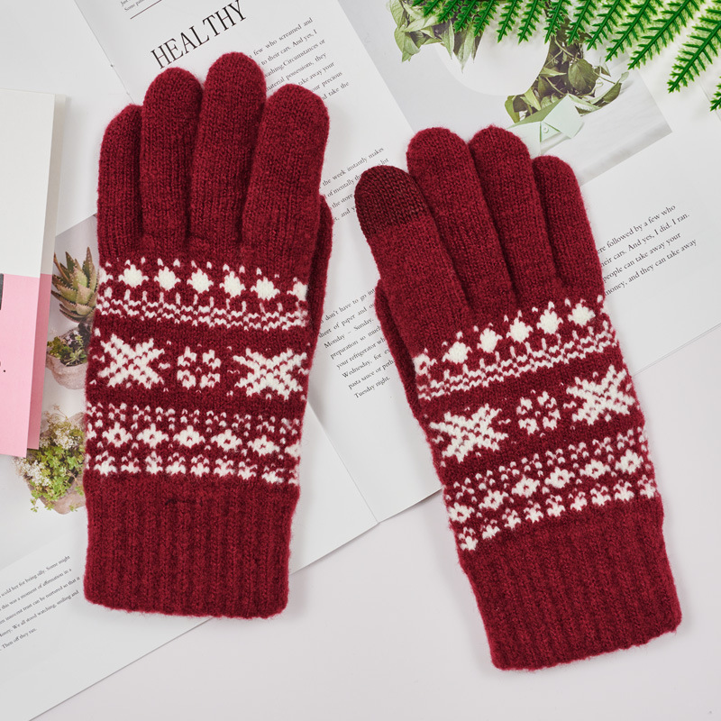 女士保暖手套可爱雪花提花触屏