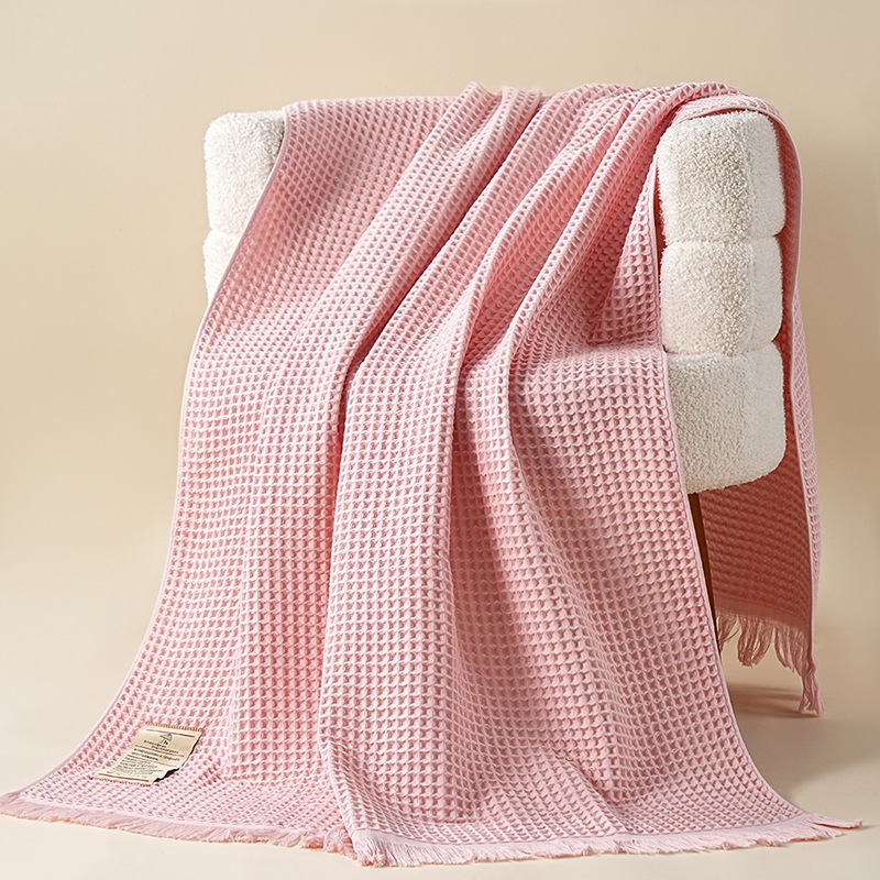 纯棉华夫格浴巾90*180大尺寸流苏纱布吸水成人浴巾俄文金标