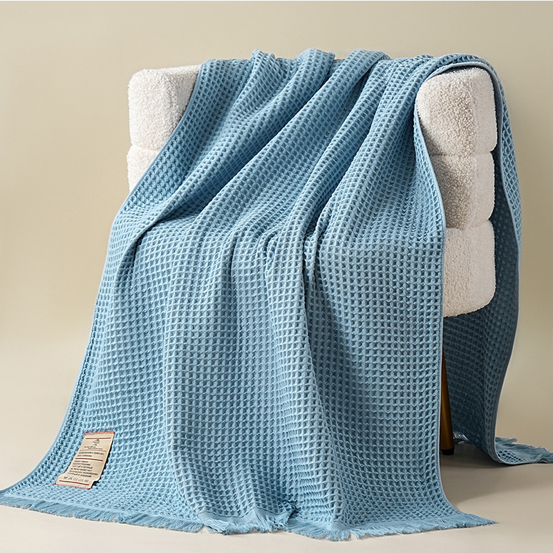 纯棉华夫格浴巾90*180大尺寸流苏纱布吸水成人浴巾俄文金标