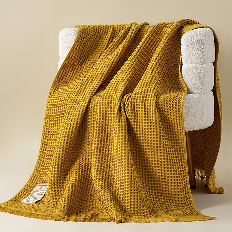 纯棉华夫格浴巾90*180大尺寸流苏纱布吸水成人浴巾俄文金标