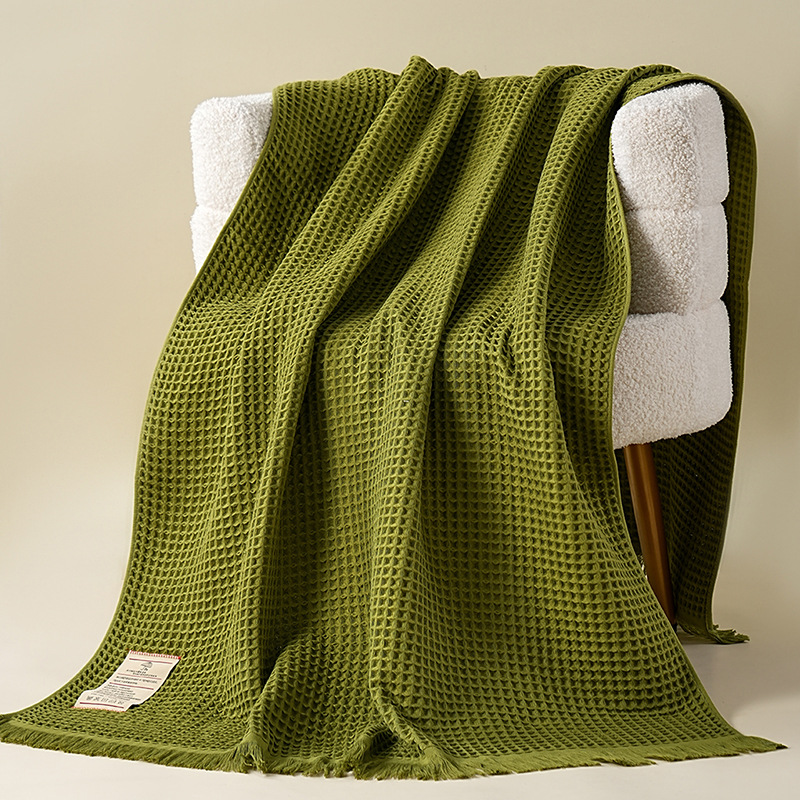 纯棉华夫格浴巾90*180大尺寸流苏纱布吸水成人浴巾俄文金标