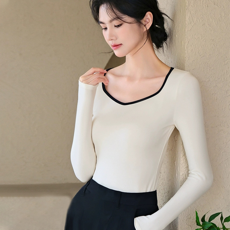 方领德绒保暖内衣女士上衣低领秋衣无痕发热可外穿打底衣冬季长袖