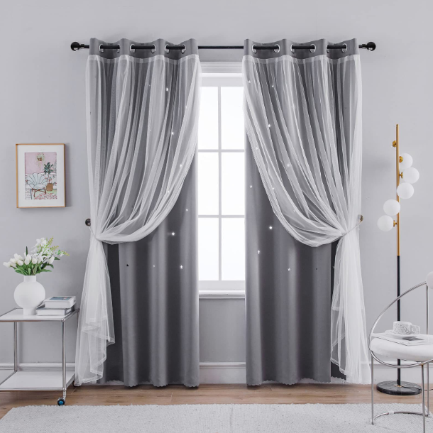 Double-layer curtain hollow-out star shading piercing rod punching short curtain curtains