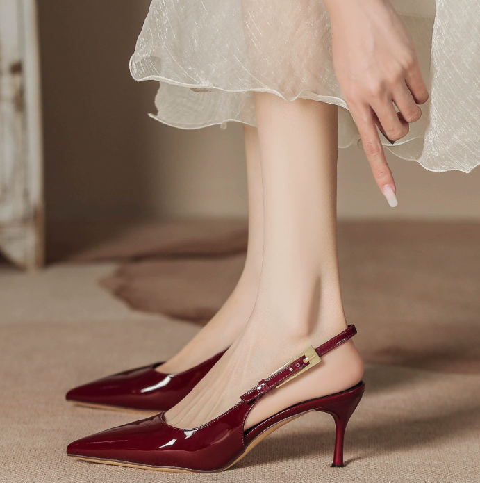 Women's high-heeled shoes 2025 new metal stiletto pointed toe with royal sister sexy red patent leather toe sandals